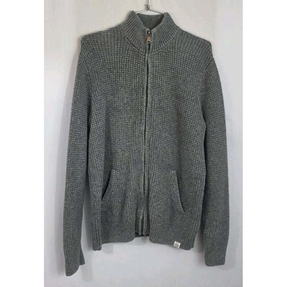 Lucky Brand Mens M Gray High Collar Full Zip Knit Cardigan Sweater Pockets